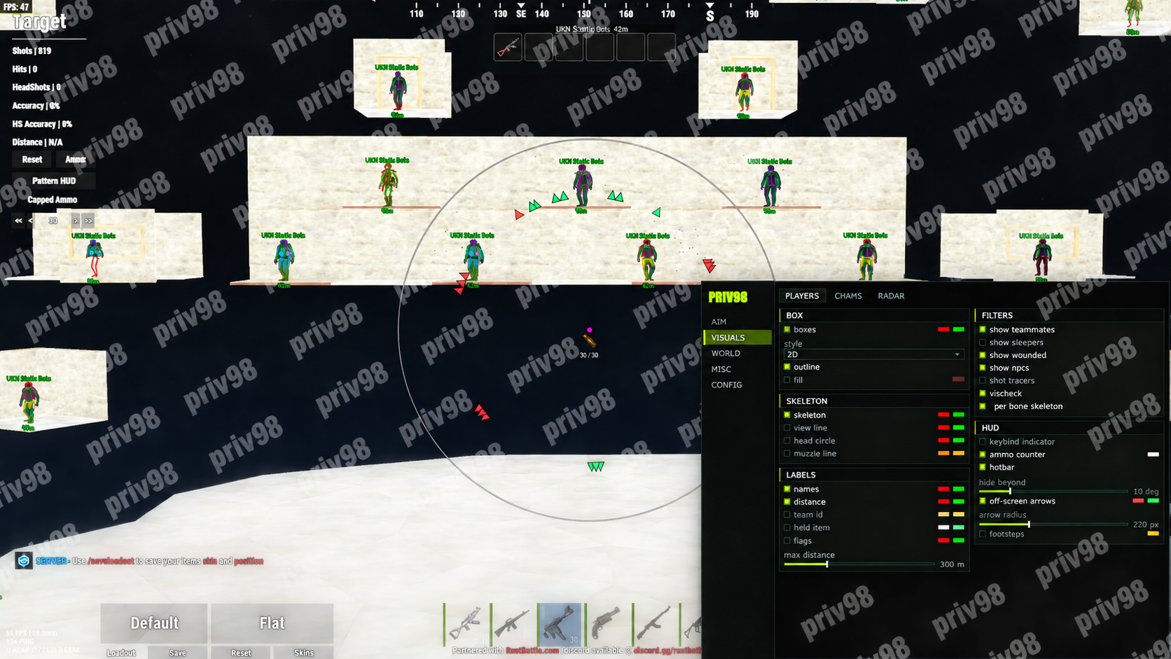 PRIV98 in-game overlay: player ESP, chams and the feature menu